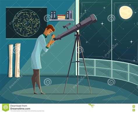 Astronomer With Telescope Retro Cartoon Poster Vector Illustration ...