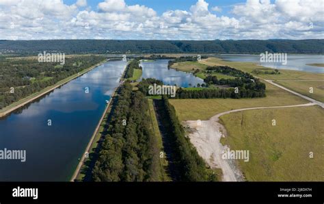 Drone aerial photograph of the rowing course at the Sydney International Regatta Centre in ...