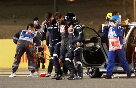 Romain Grosjean crash: Haas driver's helmet visor melted during Bahrain ...