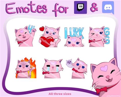 Pink Cat Emotes for Twitch and Discord Hi Heart Lurk GG | Etsy