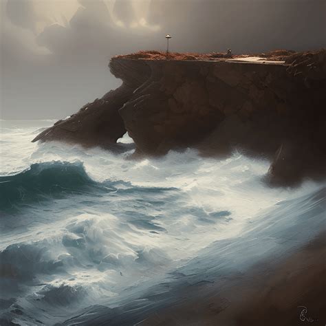 AwardWinning Painting Seashore with Waves Crashing Against the Cliff · Creative Fabrica