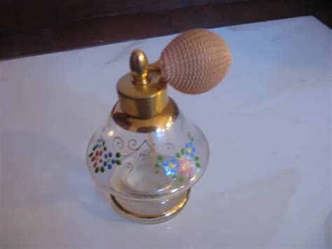 VINTAGE PERFUME BOTTLE Hand Painted Clear Glass w/Atomizer Gold Trim 4 ...