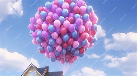 Premium AI Image | A flying house attach to many balloon flying in the sky