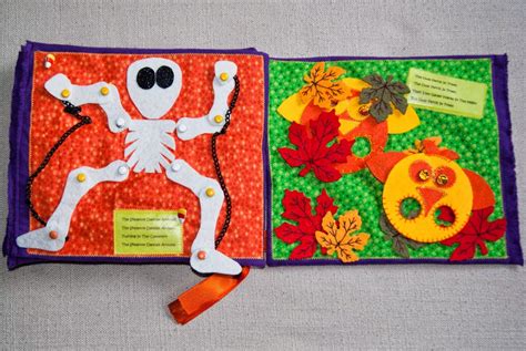 quiet book pages with zippers | left page a movable skeleton with chains right page two Quiet ...