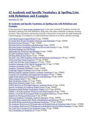 42 academic and specific vocabulary & spelling lists with definitions and examples | PDF