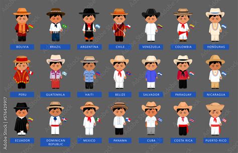 Big set of Latin American men wearing ethnic clothes with natoinal flag. Male cartoon characters ...