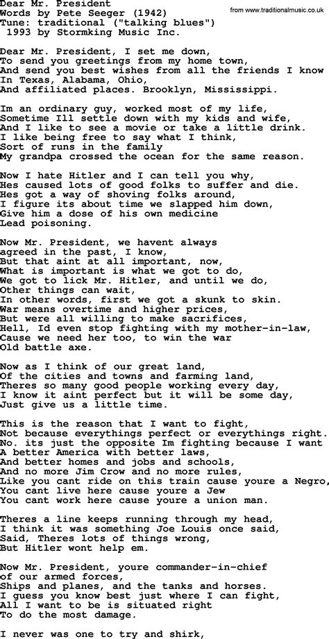 Pete Seeger song - Dear Mr. President lyrics