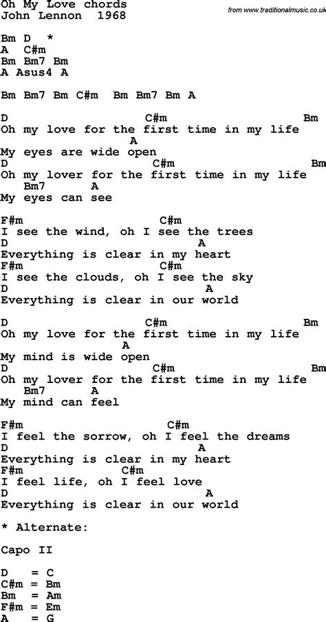 Song lyrics with guitar chords for Oh My Love