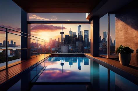 Premium AI Image | Apartment rooftop pool with stunning view of the ...