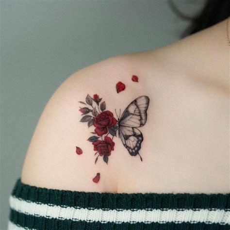 Micro-realistic half butterfly half roses tattoo on the