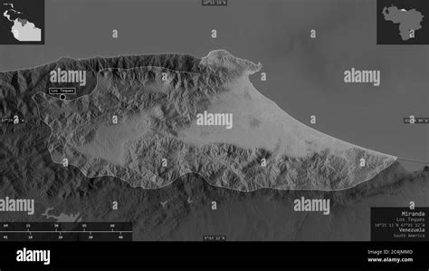 Miranda, state of Venezuela. Grayscaled map with lakes and rivers ...