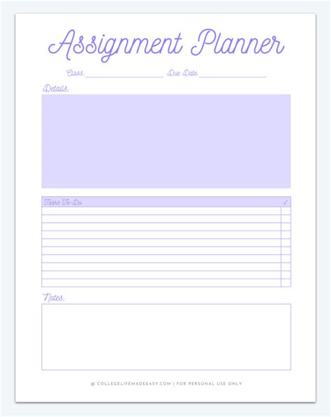 Printable Homework Planner Template for College Students