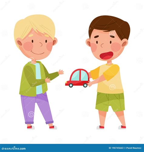 Friendly Kids Playing Together Sharing Toys And Running Vector Illustrations Set | CartoonDealer ...