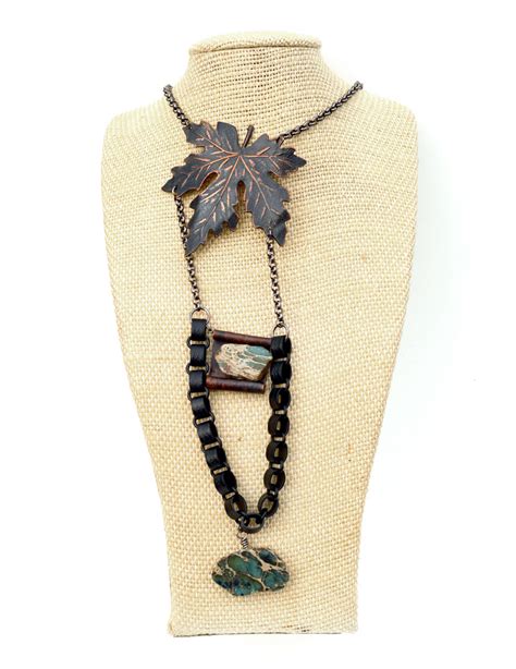 Artisan Jewelry Statement Pendant Necklace Blue Stone Leaf Mixed Metal ...