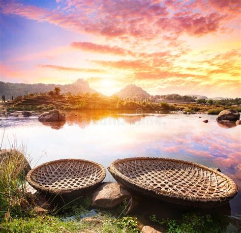 Boats near Hampi river stock photo. Image of rock, ruin - 32419228