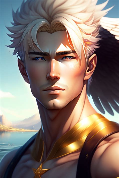 Lexica - Realistic anime male arc angel of life with blonde hair by the river of life, full body ...