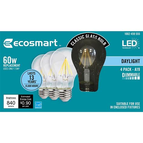 EcoSmart 60-Watt Equivalent A19 Dimmable Energy Star Clear Filament ...