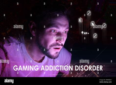 Gaming addiction disorder. Man using computer at night. Game icons and circuit board pattern ...