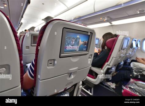 Doha, Qatar - Nov 17. 2019. Salon Airbus A320 Economy class of Qatar ...