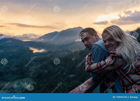 Couple Hugging at Sunset in Mountains Close-up Portrait Stock Photo ...