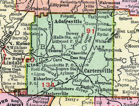 Bartow County, Georgia, 1911, Map, Rand McNally, Cartersville, Kingston ...