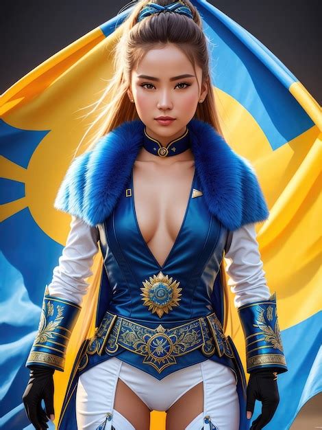 Premium AI Image | A woman in a blue and yellow outfit with a flag behind her.