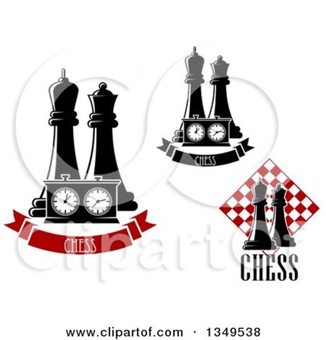 Clipart of Black and White Chess King and Queen Pieces with a Board and ...