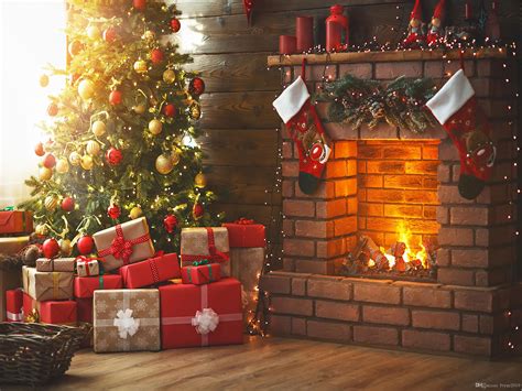 2021 Interior Christmas Tree Fireplace Gifts Vinyl Photography Backdrops Christmas Socks Photo ...