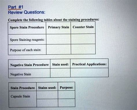 SOLVED:Part #1 Review Questions: Complete_the following_tables about the staining procedures ...