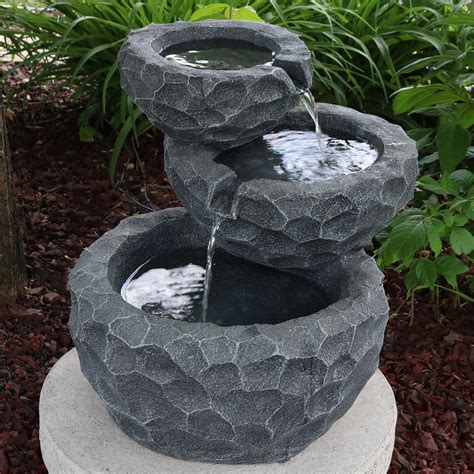 Sunnydaze 3-Tier Chiseled Basin Solar Water Fountain with Battery ...