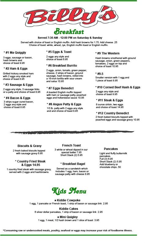 Menu | Billy's Bar & Grill