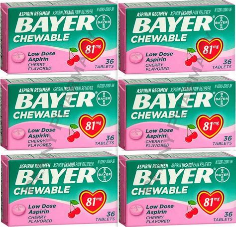 Bayer Chewable 'Baby' Aspirin 81mg Low Dose CHERRY 36 Tablets ( 6 pack ...