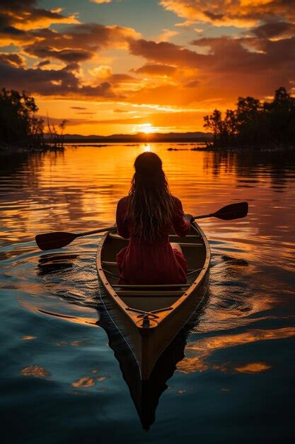 Premium AI Image | a woman in a canoe is sailing on a lake at sunset.