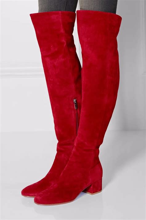 Sexy Red Suede Leather Over Knee Boots Womens Round Toe Thick Heels Woman Fashion Tight High ...