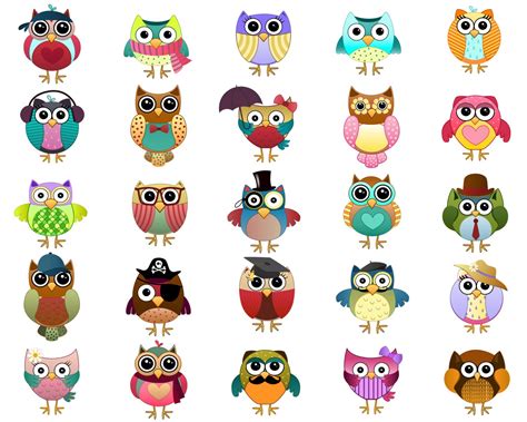 Cute Owl Characters Clip Art Set of 25 Hand Drawn 300 DPI