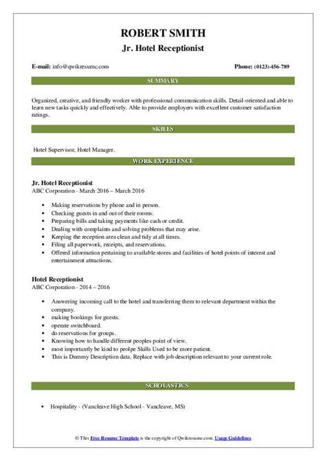 Hotel Receptionist Resume Samples | QwikResume