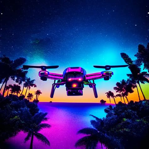 Drone Flying in the Night Sky Over the Sea and Palm Trees Generative AI ...