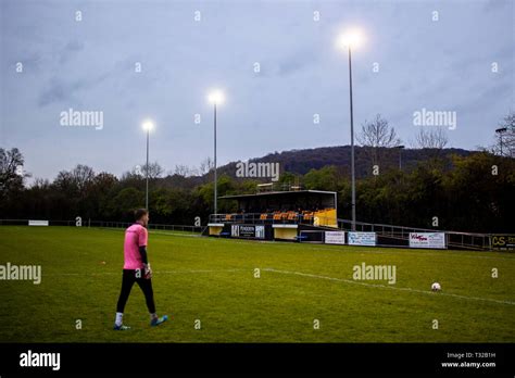 Taffs Well v Penybont in Welsh Football League Division One at the Rhiw'r Ddar Stadium Stock ...