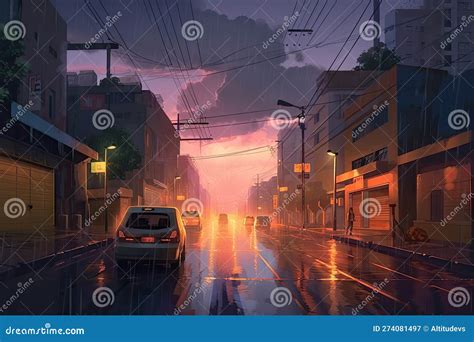 Lofi City Street with Rain, Lightning, and Stormy Skies Stock ...