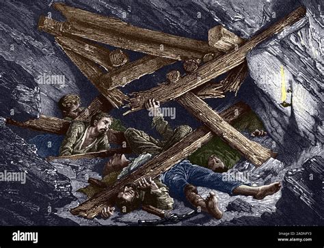 Mining disaster. 19th-century artwork of a tunnel collapse in a mine ...