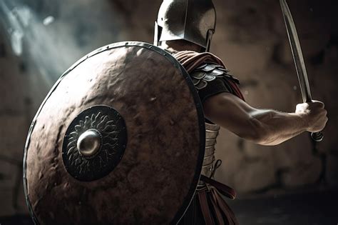 Premium Photo | Gladiator preparing for battle with sword and shield in ...