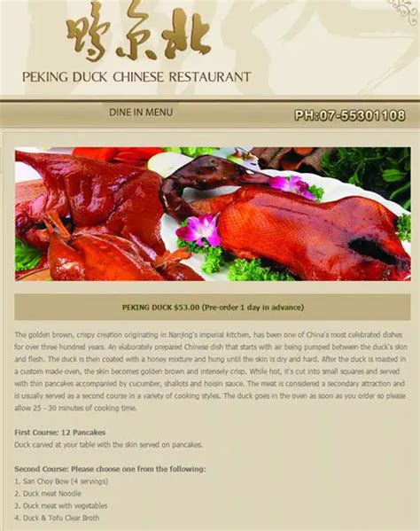 Menu at Peking Duck Chinese Restaurant, Hope Island