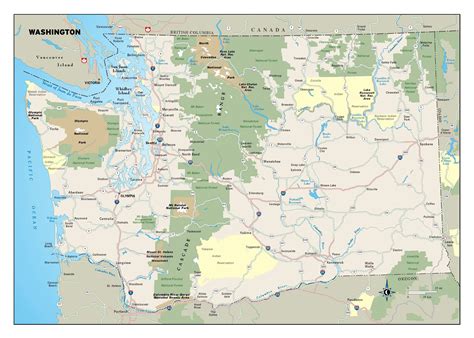 Laminated Map - Large detailed map of Washington state with national parks, highways and major ...