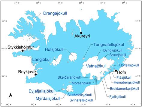 Location map showing the main ice caps of Iceland and some of their ...