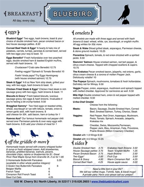 Bluebird Cafe menu in North Liberty, Iowa, USA