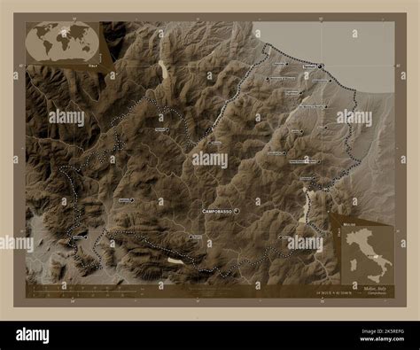 Molise, region of Italy. Elevation map colored in sepia tones with ...