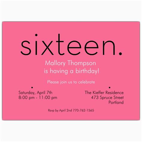 16th Birthday Invitation Wording Sixteen Pink 16th Birthday Invitations ...