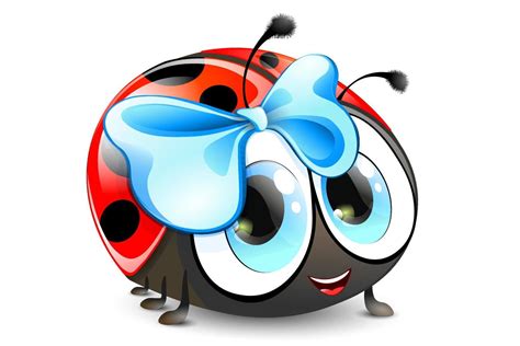 Funny cute cartoon smiling Ladybug with blue eyes and blue bow. 8731074 ...