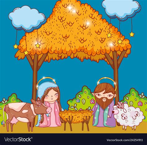 Joseph and mary in the manger cradle clouds Vector Image