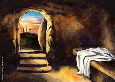 Easter Jesus Christ rose from the dead. Sunday morning. Dawn. The empty tomb in the background ...